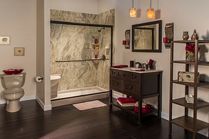Bathroom with marble like acrylic wall panels